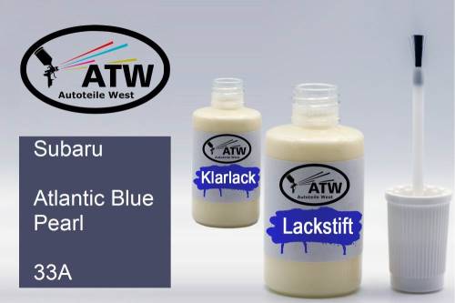 Subaru, Atlantic Blue Pearl, 33A: 20ml Lackstift + 20ml Klarlack - Set, von ATW Autoteile West.